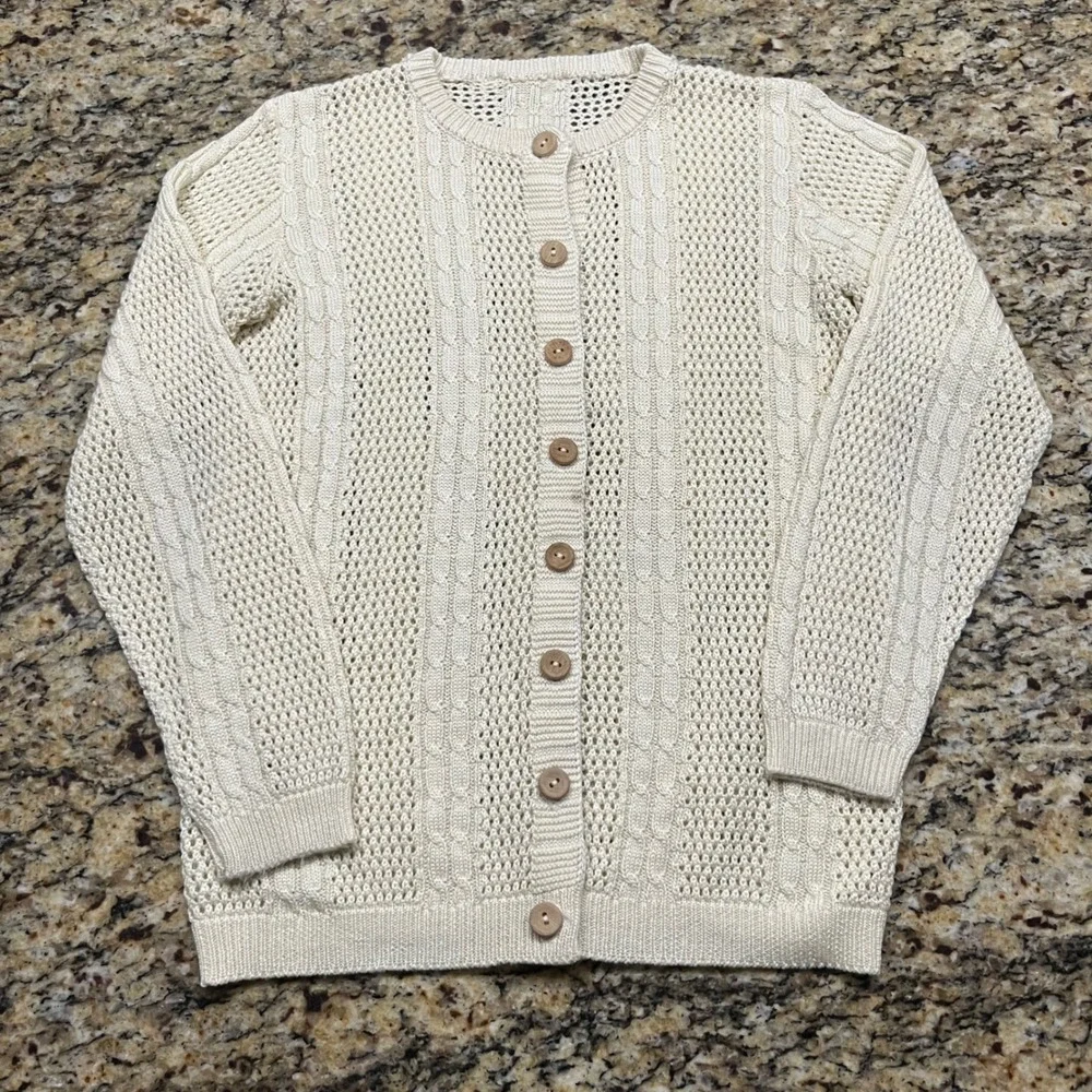 Mens Cream Cable Knit Pointelle Cardigan Sweater Button Front Cream Ivory